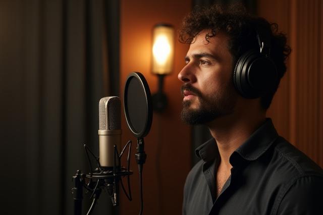 Artiste de voix-off enregistrant en studio, devant un micro